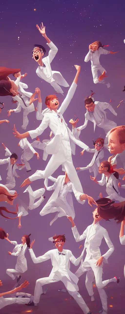 Image similar to excited community of young scientists are happy dancing - wearing white suit, digital art, detailed 8 k behance hd by jesper ejsing, by rhads, makoto shinkai and lois van baarle, ilya kuvshinov, rossdraws global illumination.