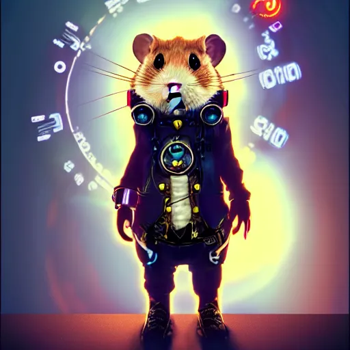 Image similar to a cute cyberpunk hamster as a supervillain, steam punk, gothic, 4 k