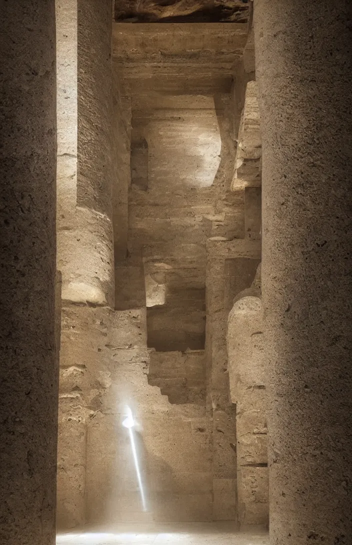 Image similar to punisher symbol is giant entrance into ancient egyptian temple with luminous smoke and light rays.