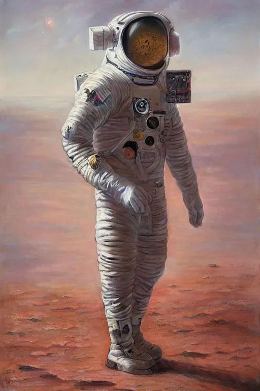 Prompt: a stunning ultra realistic fine art painting of an astronaut walking on Mars, by tom bagshaw, studio portrait, muted colors, detailed hair, 4K