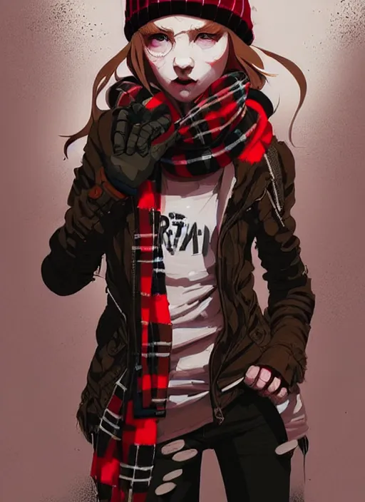 Image similar to highly detailed portrait of a sewer punk lady student, beanie, tartan scarf, wavy blonde hair by atey ghailan, by greg rutkowski, by greg tocchini, by james gilleard, by joe fenton, by kaethe butcher, gradient red, black, brown and cream color scheme, grunge aesthetic!!! white graffiti tag wall background