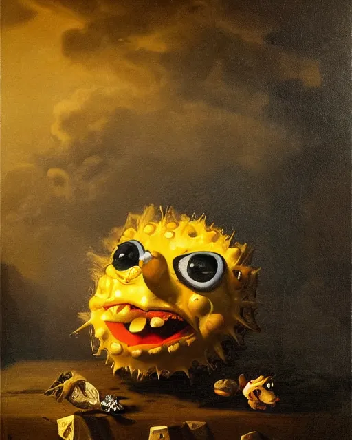 Image similar to refined gorgeous blended oil painting with black background by christian rex van minnen rachel ruysch dali todd schorr of a chiaroscuro portrait of spongebob squarepants dutch golden age vanitas intense chiaroscuro cast shadows obscuring features dramatic lighting perfect symmetry perfect composition masterpiece