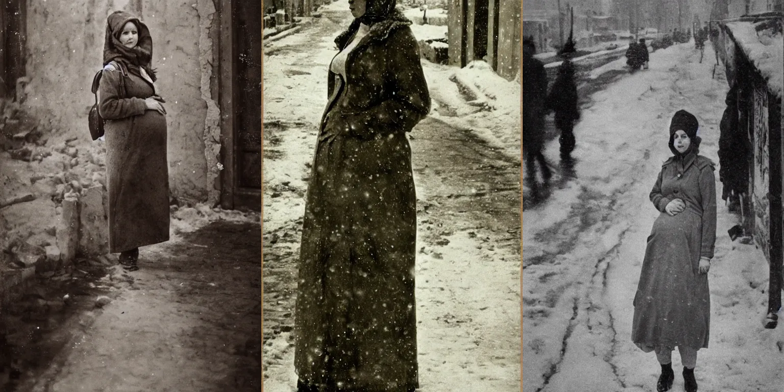 Prompt: full-length portrait of a pregnant woman on the street of besieged Leningrad by Nasreddine Dinet, trending on artstation, historically reliable photo chronicle, winter 1941, cinematic, hyper realism, dramatic lighting, high detail 4k