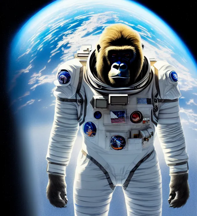Image similar to a highly detailed science-fiction character portrait of a serious gorilla wearing a white armored space suit, on a space walk outside a space station, intricate, wild, digital painting, artstation, concept art, smooth, sharp focus, illustration, art by artgerm and greg rutkowski and alphonse mucha, 8k octane beautifully detailed render, post-processing, extremely hyperdetailed, intricate, epic composition