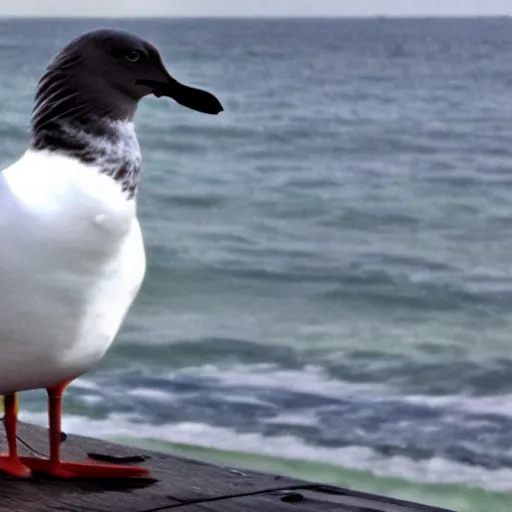 Image similar to a photo still of steven seagal as a seagull at the pier next to the ocean, anthropomorphized