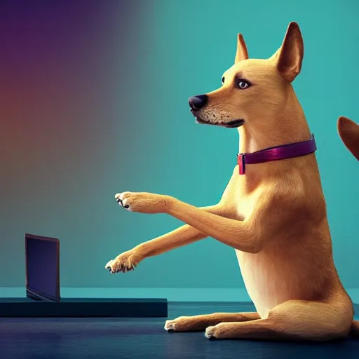 Image similar to still of woman working on her website, disney, comic book style, the dog is doing a ballet dance, highly detailed, 16k resolution, octane renderer, coherent