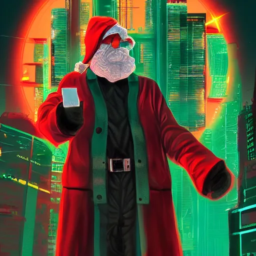 Image similar to cyberpunk santa clause as the leader of a futuristic communist nation, cybernetics, sharp lines, digital, artstation, colored in