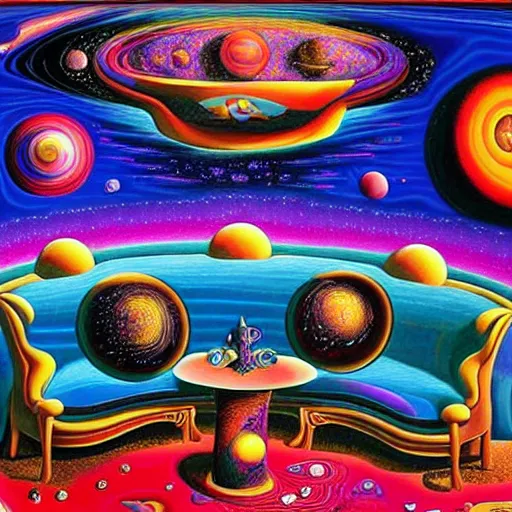 Prompt: psychedelic trippy couch in background in space, planets, milky way, sofa, cartoon by rob gonsalves and salvador dali