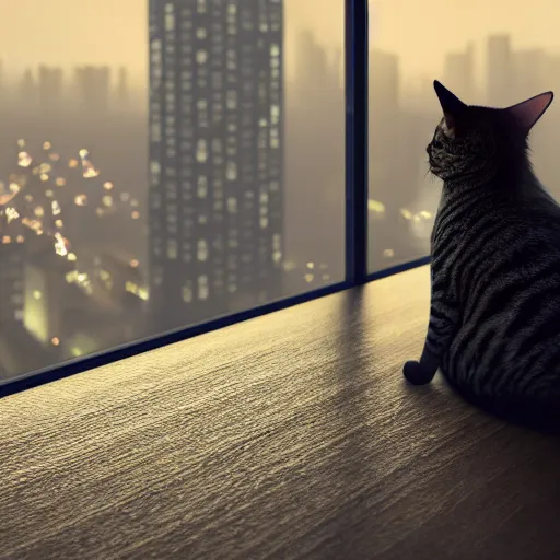 Prompt: A cat sitting on a Windows watching the view of a cyberpunk city, 24mm, 8k, octane render, beautiful, peaceful, cyberpunk, moody, raining, rain, super detailed, dof, volumetric lighting, rtx, raytracing, cyberpunk 2077.