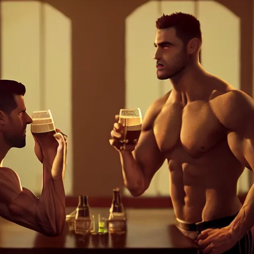 Image similar to cinematic scene with attractive muscular male and another attractive muscular male, drinking their hearts out, in the pub, very detailed, volumetric lighting, still frame