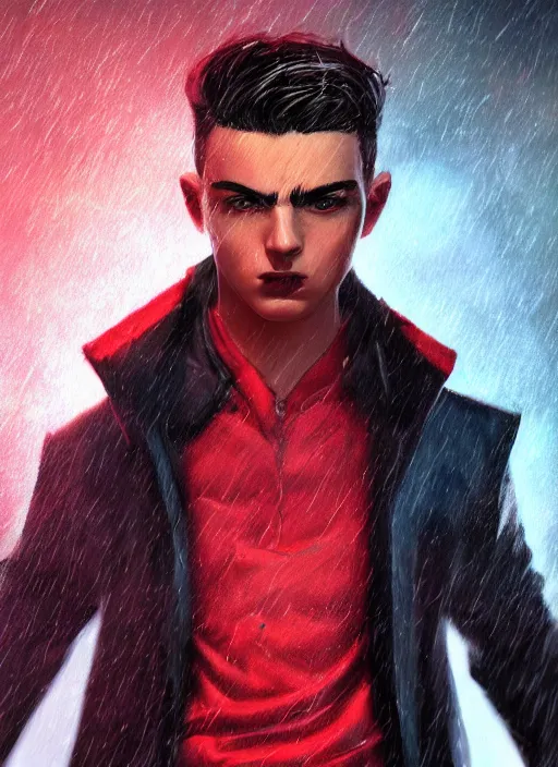 Image similar to An epic fantasy comic book style portrait painting of a young man with black undercut haircut, wearing red clothes, black overcoat, blue jeans. Unreal 5, DAZ, hyperrealistic, octane render, cosplay, RPG portrait, dynamic lighting