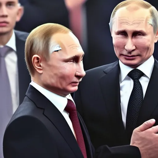 Image similar to putin teams up with a teenage putin, perfect faces