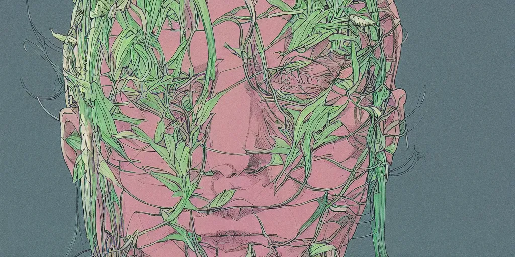 Image similar to risograph grainy drawing futuristic sci - fi antagonist face wearing earrings, photorealistic colors, face covered with plants and flowers, by moebius and satoshi kon and dirk dzimirsky close - up portrait, hyperrealistic