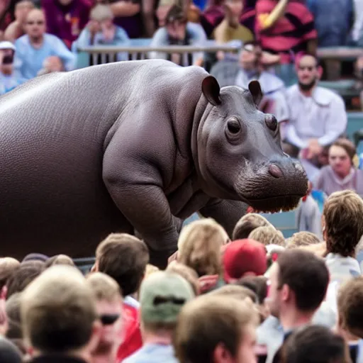 Image similar to a hippopotamus rampaging through sports crowd.