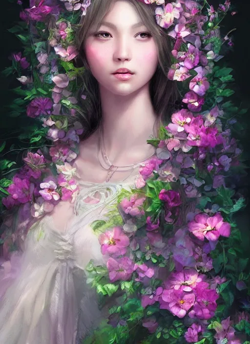 Prompt: a gorgeous flower princess portrait by WLOP, artgerm , digital painting, beautiful lighting, mystical, detailed flowers, 🌺 cgsociety