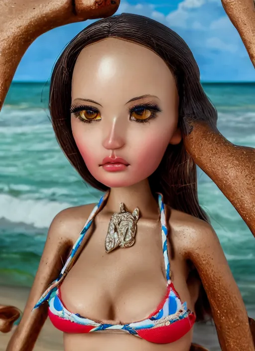 Image similar to closeup profile portrait of tin toy bikini girl surf sand, depth of field, zeiss lens, detailed, symmetrical, centered, fashion photoshoot, by nicoletta ceccoli, mark ryden, lostfish, breathtaking, 8 k resolution, extremely detailed, beautiful, establishing shot, artistic, hyperrealistic, octane render
