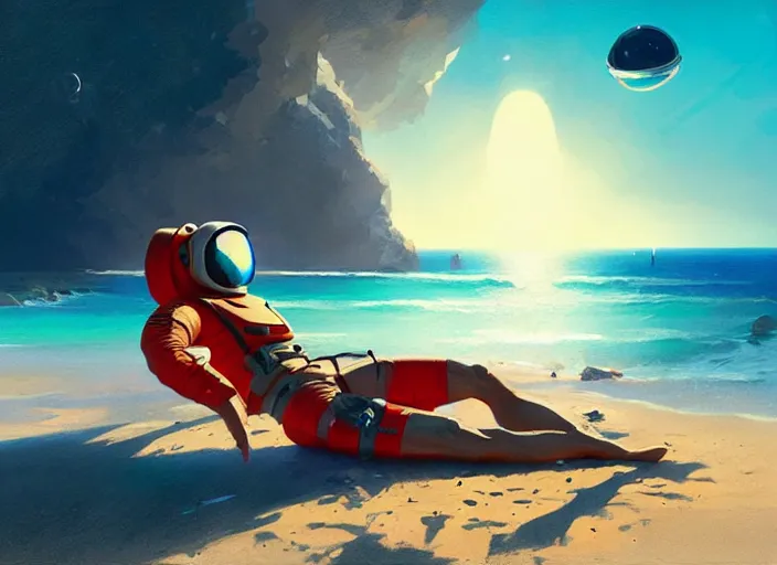 Prompt: an astronaut sunbathing at the beach with, isometric, complimentary colors, perfect lighting, aesthetic, masterpiece, award winning, artstation, 4 k, darek zabrocki, greg rutkowski, artgerm