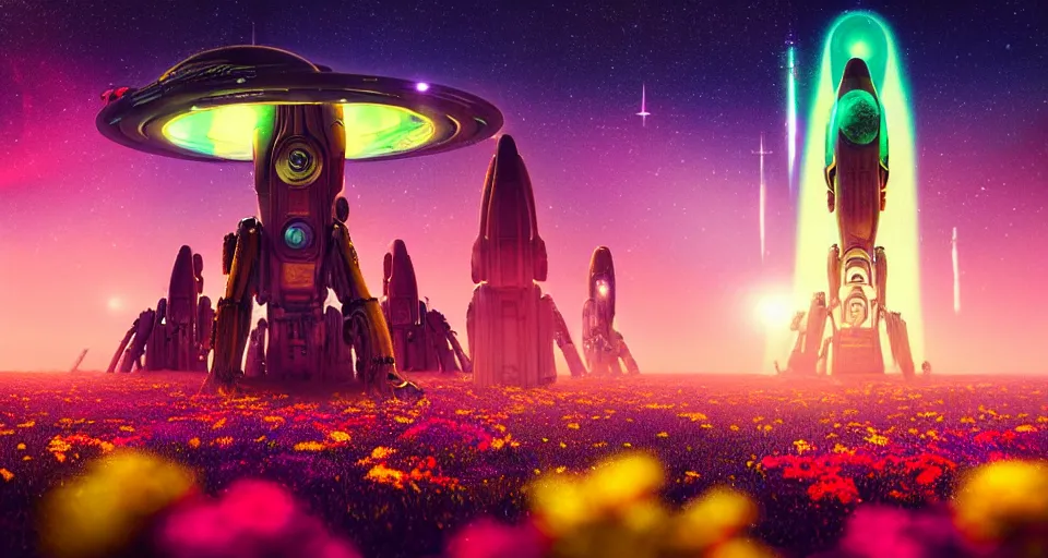 Image similar to a beautiful up close view of a mechanical mystical alien shrine in a field of multicolored colored flowers, underneath a star filled night sky, warm coloured, gigantic pillars and flowers, maschinen krieger, beeple, star trek, star wars, ilm, atmospheric perspective