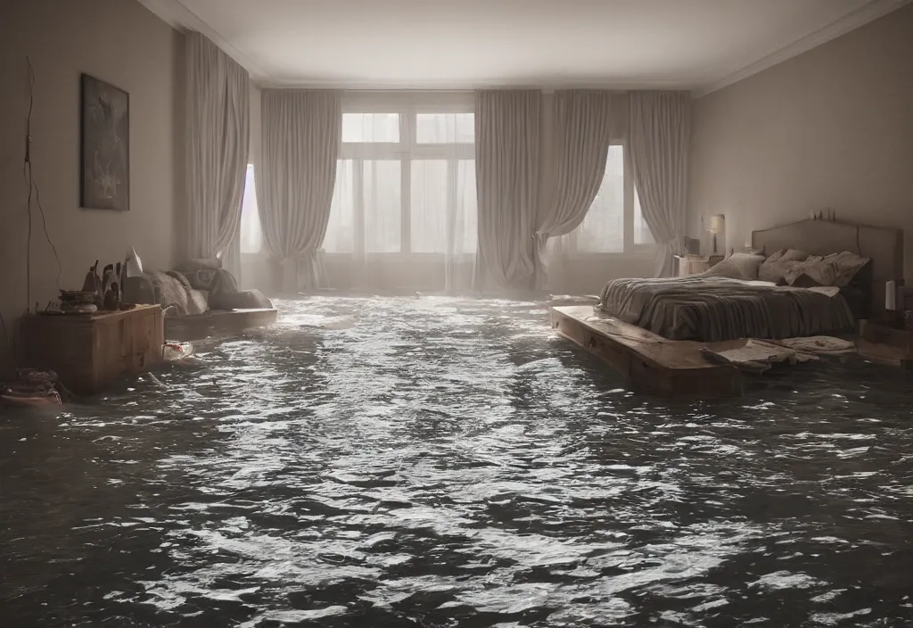 Prompt: kodak portra 4 0 0 photographic and realistic, bedroom, detailed, octane render, unreal engine, 4 k, artstation, hyper realistic, wide angle, floor flooded, how a river, objects that float, 3 5 mm, sharp focus, soft light, volumetric light fog, in the style of gregory crewdson