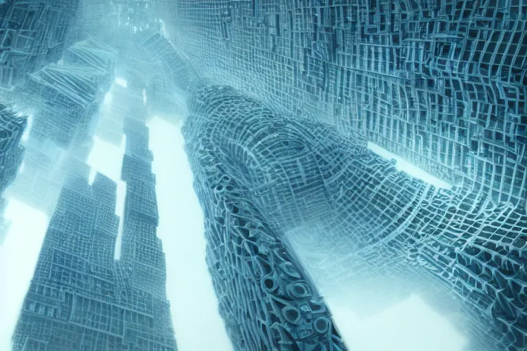 Prompt: a complex organic fractal 3 d ceramic megastructure skyscraper, lcd screens, cinematic shot, foggy, photo still from movie by denis villeneuve