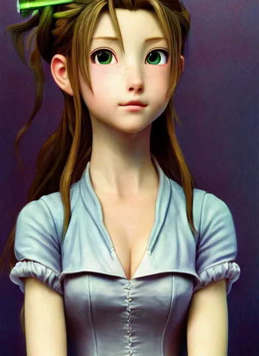 Image similar to Aerith Gainsborough stares intently at you. a bit surreal. ultra detailed painting at 16K resolution and epic visuals. epically surreally beautiful image. amazing effect, image looks crazily crisp as far as it's visual fidelity goes, absolutely outstanding. vivid clarity. ultra. iridescent. mind-breaking. mega-beautiful pencil shadowing. beautiful face. Ultra High Definition. processed twice. polished marble.