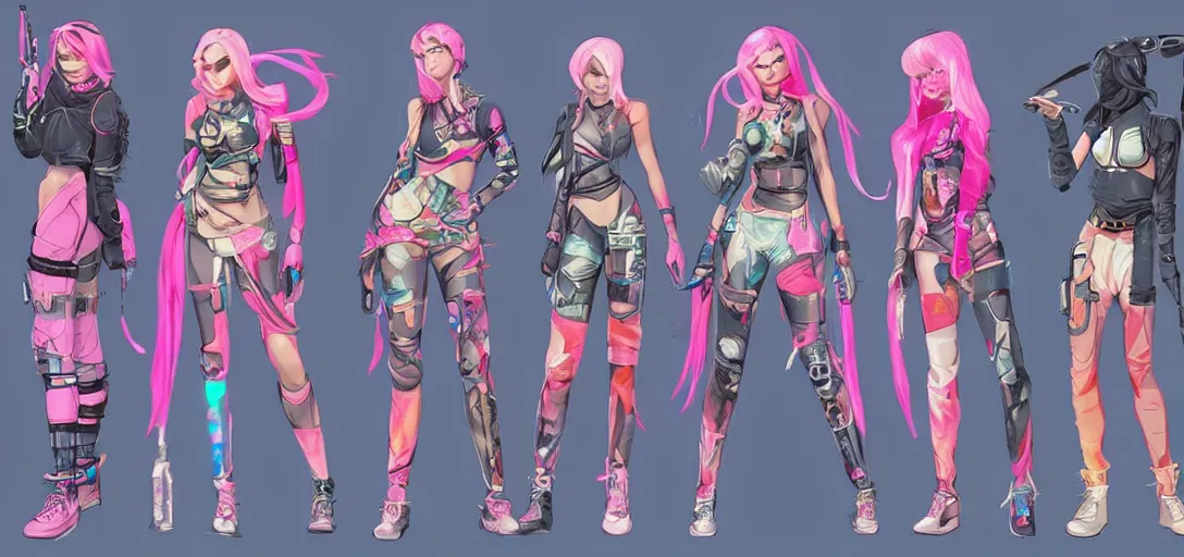 Prompt: character sheet concept art of female video game characters, streetwear, futurepunk, bright, fun, by marc brunet and artgerm