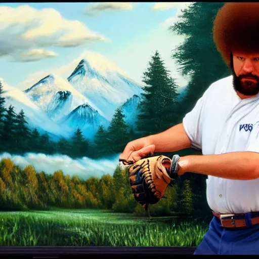 Image similar to a closeup photorealistic photograph of bob ross crafting an image of kenny powers baseball, a painting on a canvas. mountains and trees. film still. brightly lit scene. this 4 k hd image is trending on artstation, featured on behance, well - rendered, extra crisp, features intricate detail, epic composition and the style of unreal engine.