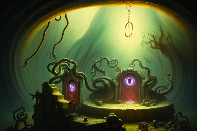 Prompt: dark magician conjures over a vat with a potion, location of a dark old house, a monster with tentacles lies from the door, peter mohrbacher style, ray tracing, cinematic, digital art, realistic,