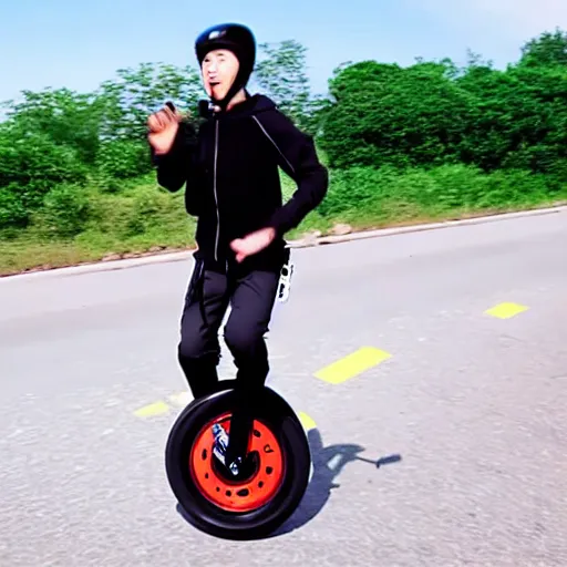 Prompt: man naruto running on electric onewheel unicycle scooter, gopro, sports action, cinematic, product image