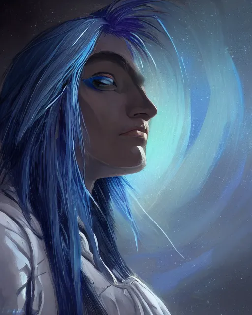 Prompt: A dark brooding Portrait of a blue haired Nordic extraterrestrial. She is looking out the viewing window in the spacecraft. Earth is seen as background, wide angle, intricate, elegant, overdetailed, professional digital painting, artstation, concept art, smooth, sharp focus, 8K, inspired by Felix Kelly and Greg Rutkowski and Bob Pepper and Frank Frazetta