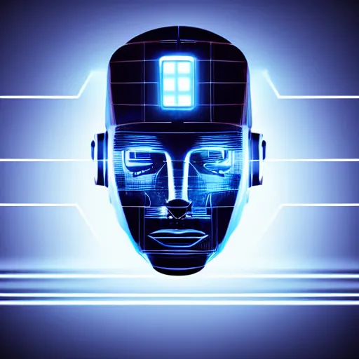 Image similar to portrait of a slick futuristic robot with a large square tv for a head, displaying a digital face. hyper realistic. cyberpunk background. intricate details