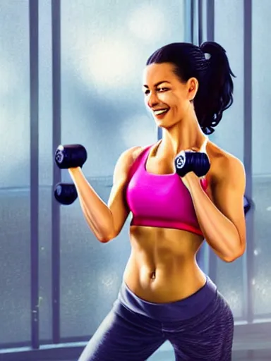 Prompt: a beautiful happy woman working out at the gym. smiling popular girl. intricate, elegant, highly detailed, digital painting, artstation, cinematic shot, concept art, sharp focus, illustration, by justin gerard and artgerm, 8 k