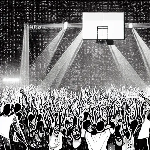 Prompt: an old school hip hop concert taking place on a basketball court behind a large brick apartment at night, many people dancing with their hands in the air, a rapper is standing on stage yelling into the mic, a dj with audio equipment at the back of the stage, digital art, foggy, light streaks