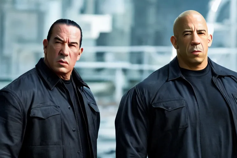 Image similar to movie still frame of steven seagal and vin diesel from the new fast & furious film, promotional image, symmetrical cinematic shot composition, stunning cinematography