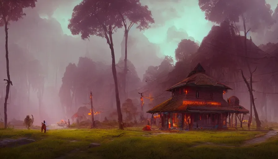 Prompt: kerala village, an epic fantasy, dramatic lighting, cinematic, establishing shot, extremely high detail, photorealistic, cinematic lighting, artstation, by simon stalenhag, horizon forbidden west