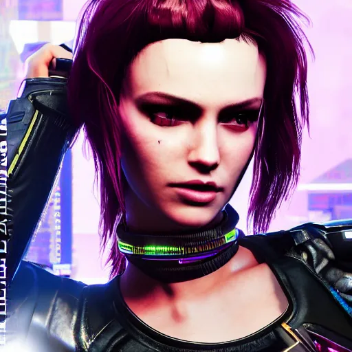 Image similar to female V from Cyberpunk 2077 wearing spiked steel choker, steel collar, steel choker, punk, steel collar, 4K, realistic, spiked collar, portrait, art, beautiful,