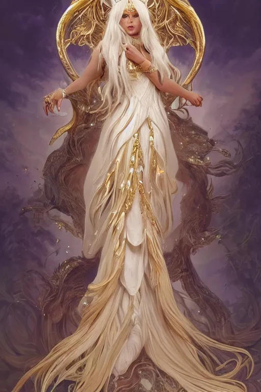 Image similar to fullbody!! of a beautiful woman with long white hair, big natural horns on her head, long flowing intricate dress, gold jewellery, dnd, face, fantasy, intricate, elegant, highly detailed, digital painting, artstation, concept art, smooth, sharp focus, illustration, art by artgerm and greg rutkowski and alphonse mucha