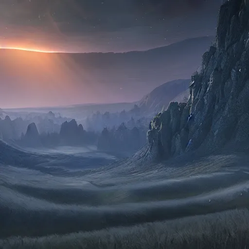 Image similar to huge valley, extreme drama, distant glow, hdr, movie still, fully photorealistic, artstation, beautiful concept art, sharp luminescent focus, nd 6, sony fx 6, glowing luminescent invocations