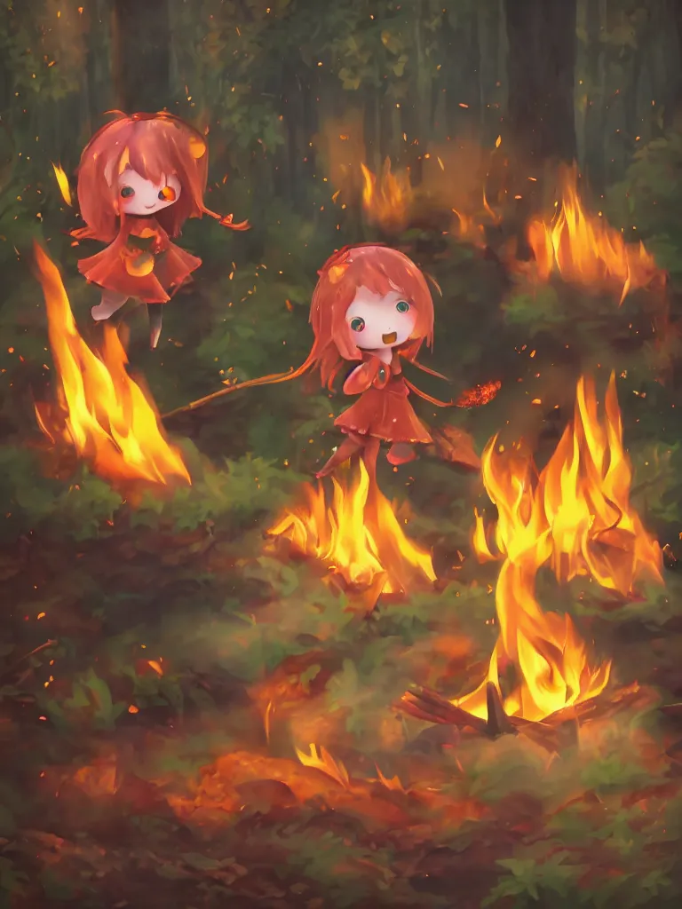 Image similar to cute fumo plush manic happy pyromaniac girl giddily starting a fire in the forest, campfire flames burning, warm glow and volumetric smoke vortices, rule of thirds composition, vignette, vray