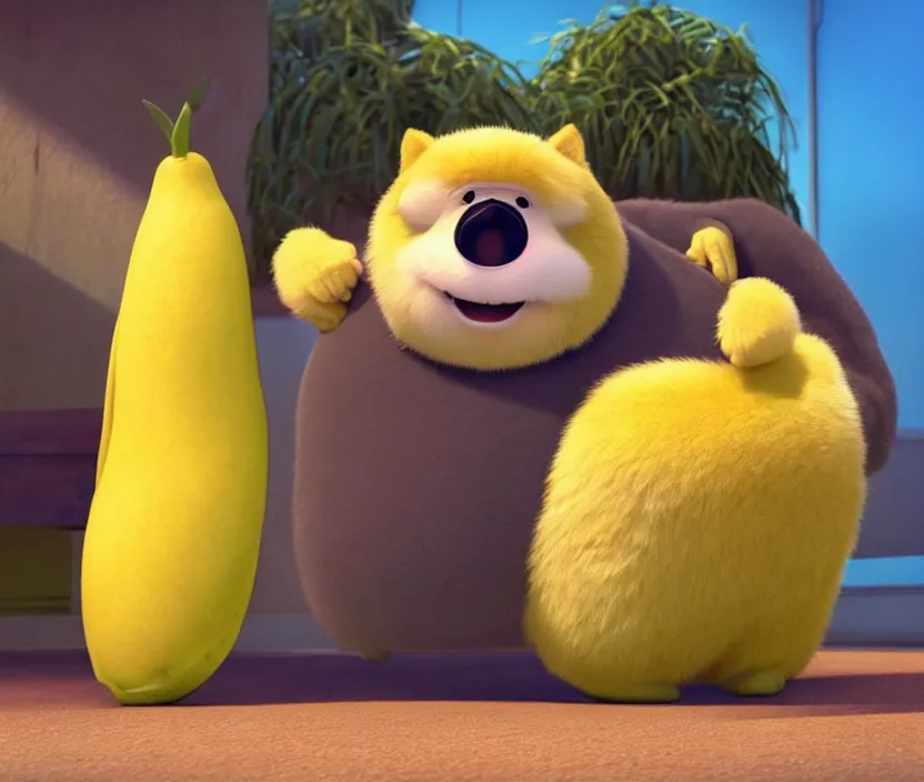 Prompt: a photograph of a chubby furry banana animal, pixar animation