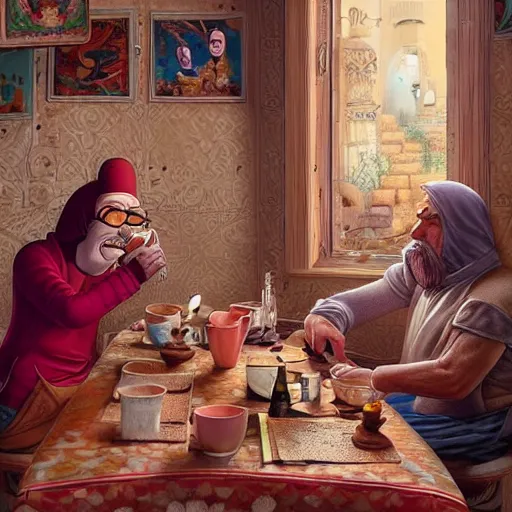 Image similar to Homer Simpson drinking tea in a Kurdish tea house, intricate, elegant, highly detailed, digital painting, artstation, concept art, matte, sharp focus, illustration, art by Artgerm and Greg Rutkowski and Enki Bilal