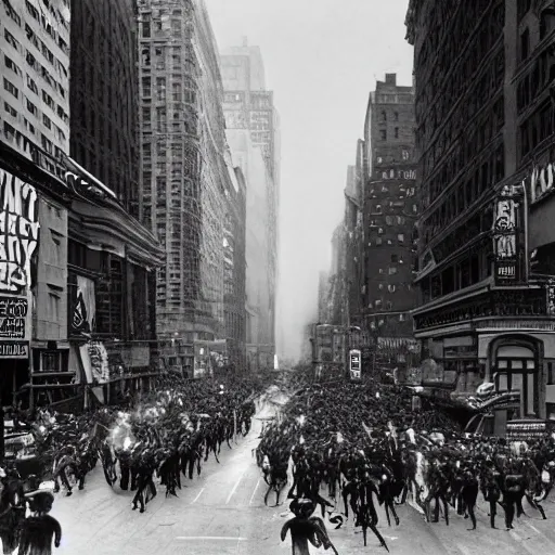 Image similar to old black and white photo, 1 9 1 3, depicting a xenomorph from the movie aliens rampaging through the bustling streets of new york city, historical record