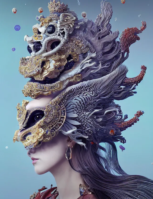 Image similar to 3 d goddess close - up profile portrait with crown, ram skull. beautiful intricately detailed japanese crow kitsune mask and clasical japanese kimono. betta fish, jellyfish phoenix, bio luminescent, plasma, ice, water, wind, creature, artwork by tooth wu and wlop and beeple and greg rutkowski