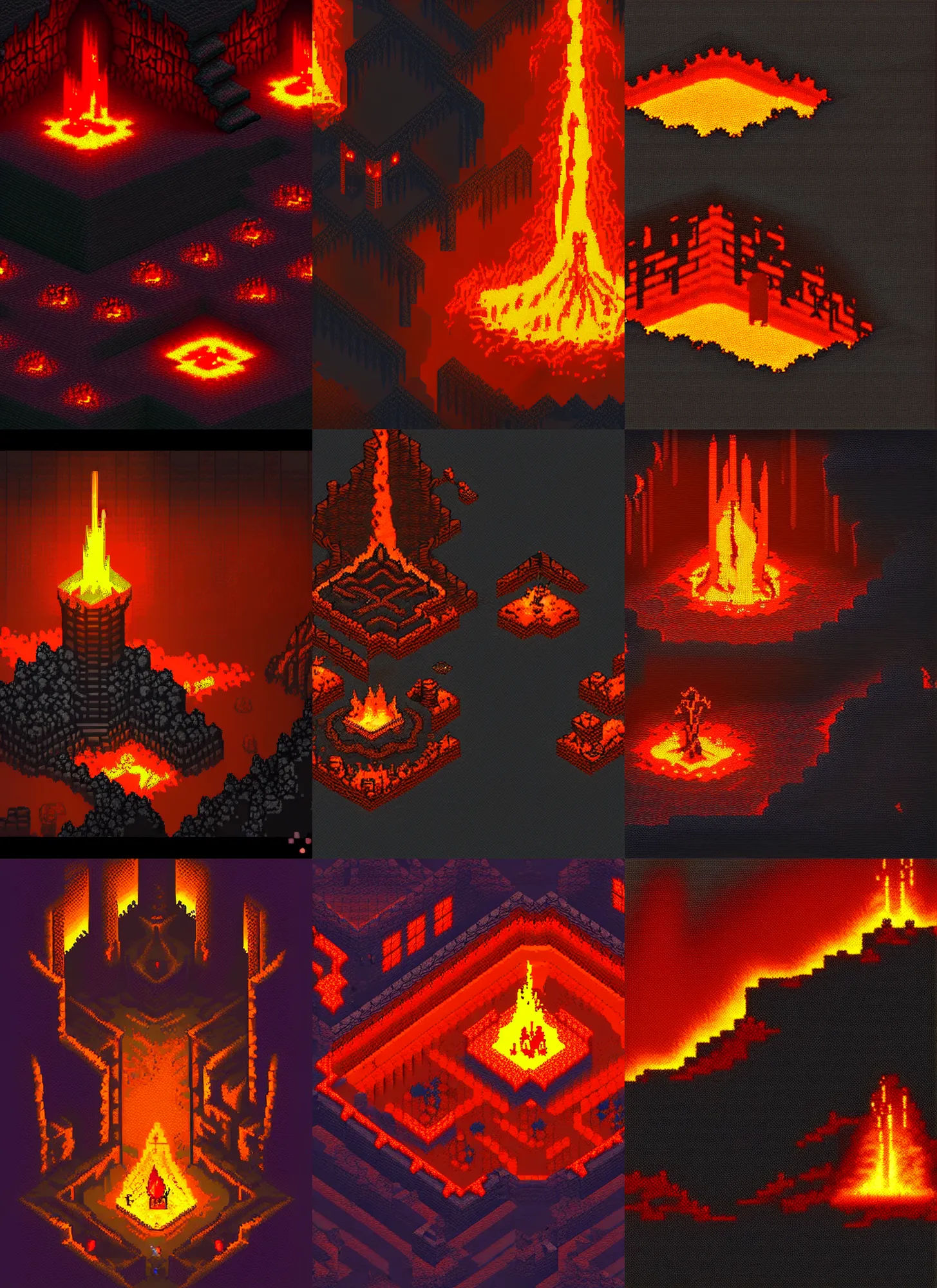 Image similar to view of a dark dungeon with lava, beautiful detailed pixelart by albertov in the style of quest for glory iii, intricate details, beautiful, dithered, gradients, volumetric lighting, cgsociety, artstation, 2 d