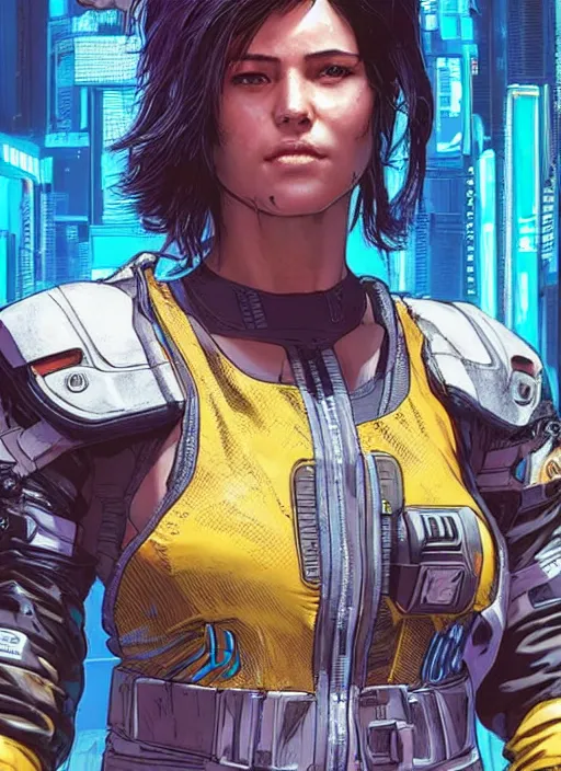 Prompt: maria. apex legends cyberpunk weight lifter. concept art by james gurney and mœbius. gorgeous face, cinematic, dramatic lighting ( cyberpunk 2 0 7 7 ), clean aesthetic