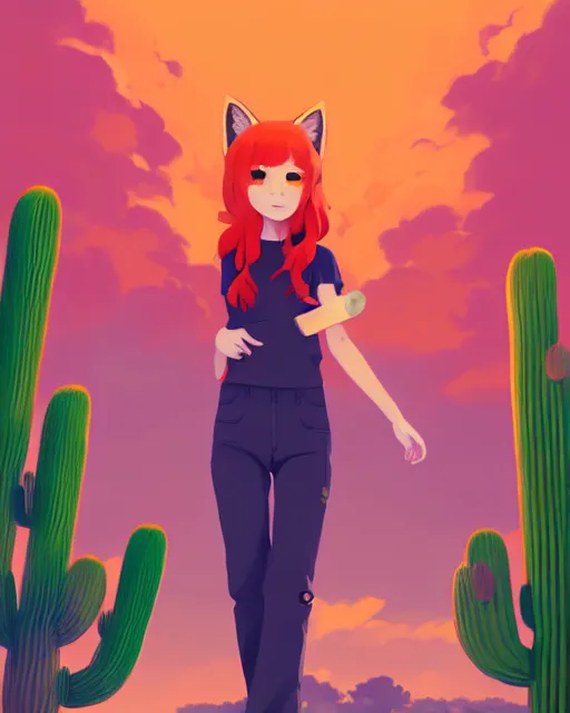 Image similar to portrait of cute redhead foxgirl in orange jumpsuit with fox ears by ilya kuvshinov, holding a cactus, cloudy sky background lush landscape illustration concept art anime key visual trending pixiv fanbox by wlop and greg rutkowski and makoto shinkai and studio ghibli