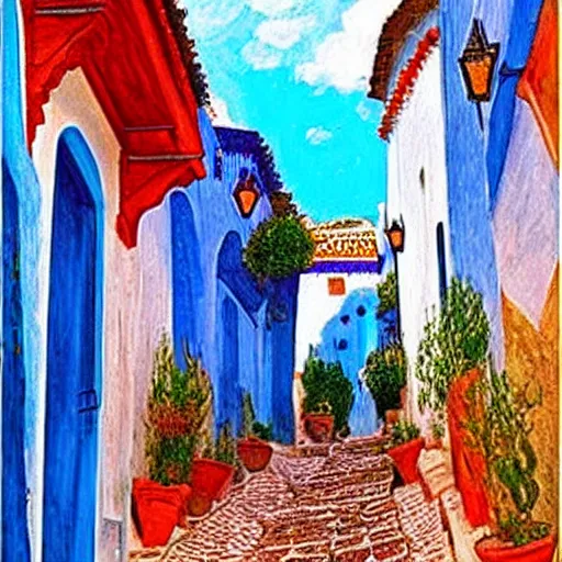 Image similar to narrow streets of old chefchaouen, turquoise and blue color, graphic novel, watercolor, by claude monet, by edward munch