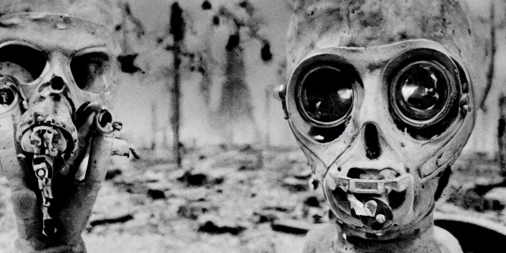 Image similar to portrait of irradiated post apocalyptic nuclear wasteland undead 1950s black and white award winning photo highly detailed Arriflex 35 II, lighting by stanley kubrick