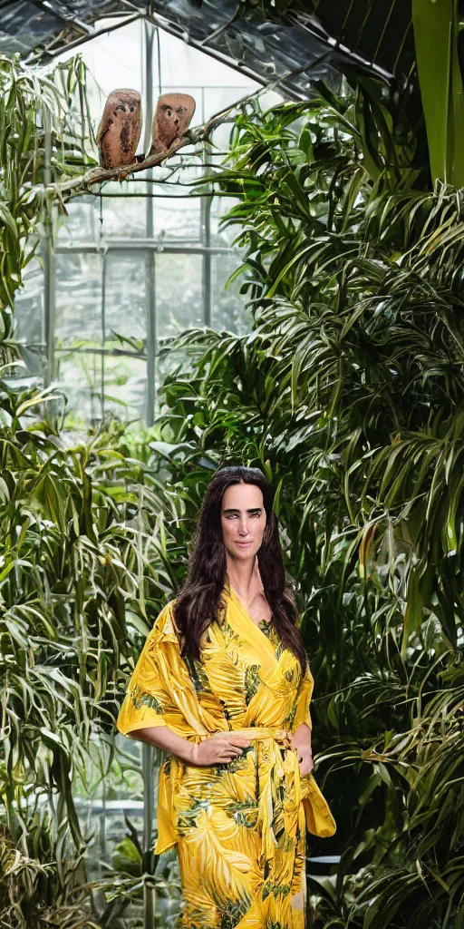 Image similar to Large format Portrait of Jennifer Connelly wearing a yellow kimono in a tropical greenhouse with a very detailed barn owl on her shoulder, medium format camera, 85mm f1.8, bokeh, sharp focus, detailed, centered, Fashion shoot 8k, dreamy, elegant