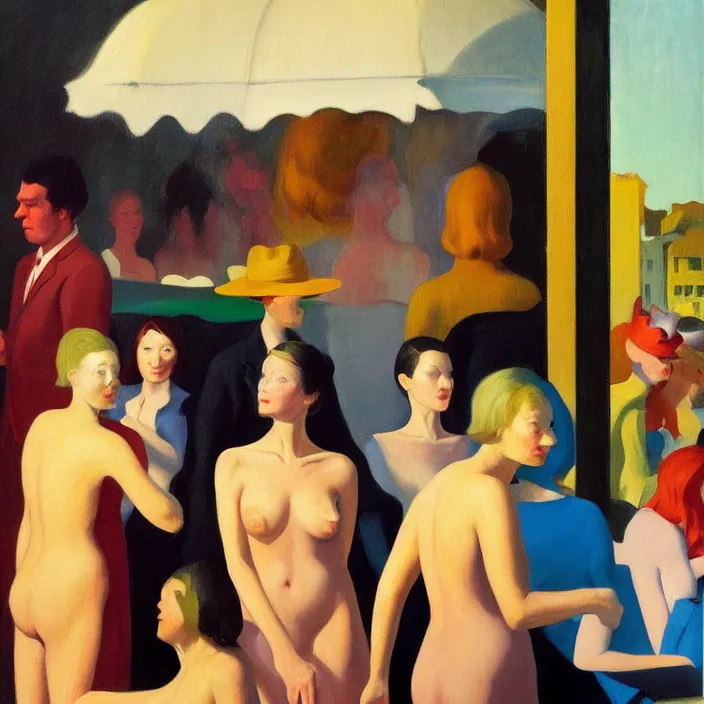 Image similar to group of people pictured in afternoon light, mostly women, close - up of the faces, anatomically and proportionally correct : : surrealist oil painting by edward hopper, malcolm liepke, francis bacon and rene magritte, detailed